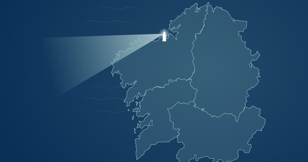 Ilustración de la web de Lítore: un faro en la costa gallega cuyo haz ilumina el mapa de Galicia