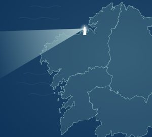 Ilustración de la web de Lítore: un faro en la costa gallega cuyo haz ilumina el mapa de Galicia