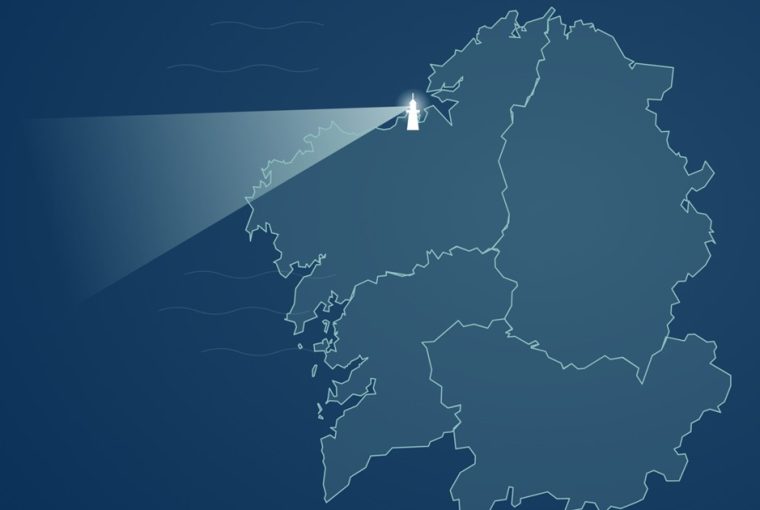 Ilustración de la web de Lítore: un faro en la costa gallega cuyo haz ilumina el mapa de Galicia