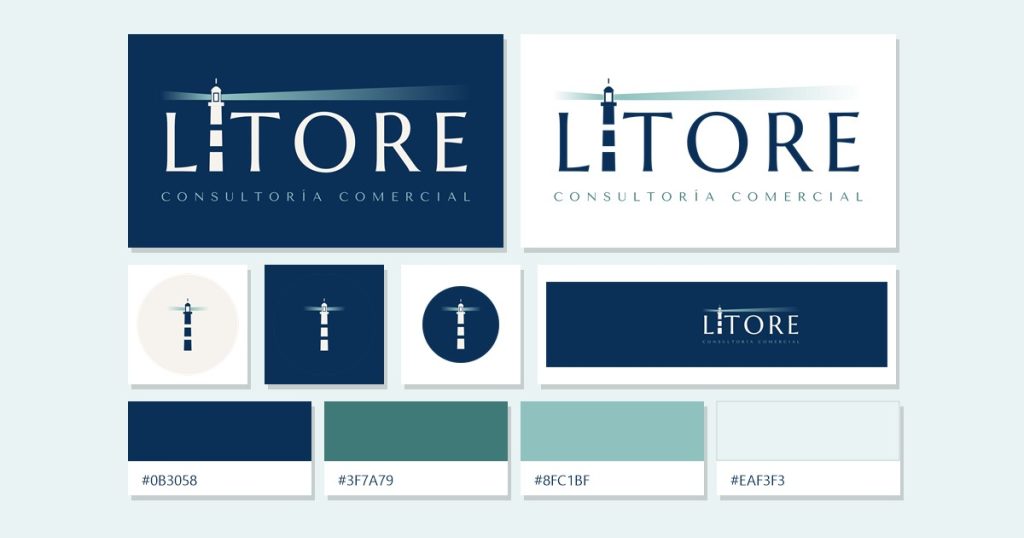 Kit de marca de Lítore: logo en positivo y negativo, símbolo del faro, favicon, portada para LinkedIn y colores corporativos