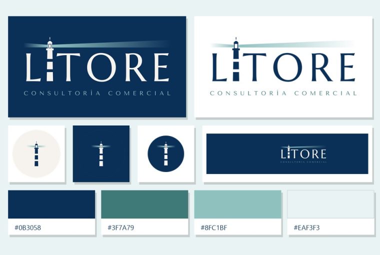Kit de marca de Lítore: logo en positivo y negativo, símbolo del faro, favicon, portada para LinkedIn y colores corporativos