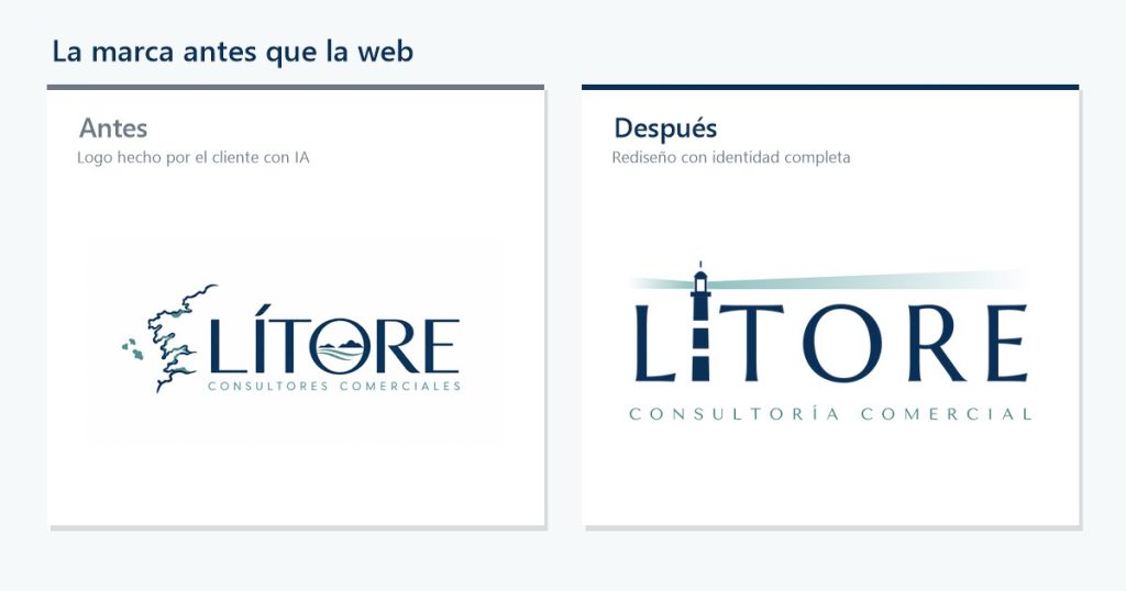 Logo de Lítore antes y después: a la izquierda, el logo hecho por el cliente con IA, con el contorno de la costa gallega; a la derecha, el rediseño, con un faro integrado en el nombre