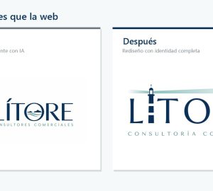 Logo de Lítore antes y después: a la izquierda, el logo hecho por el cliente con IA, con el contorno de la costa gallega; a la derecha, el rediseño, con un faro integrado en el nombre