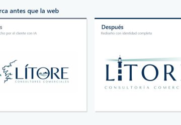 Logo de Lítore antes y después: a la izquierda, el logo hecho por el cliente con IA, con el contorno de la costa gallega; a la derecha, el rediseño, con un faro integrado en el nombre
