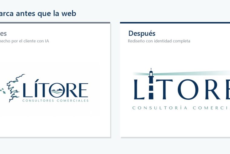 Logo de Lítore antes y después: a la izquierda, el logo hecho por el cliente con IA, con el contorno de la costa gallega; a la derecha, el rediseño, con un faro integrado en el nombre