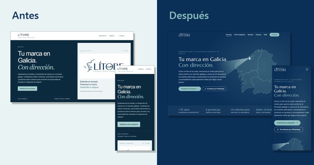 Comparativa de la web de Lítore antes y después de rehacerla con IA, en escritorio y móvil