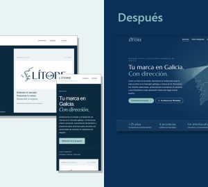 Comparativa de la web de Lítore antes y después de rehacerla con IA, en escritorio y móvil.