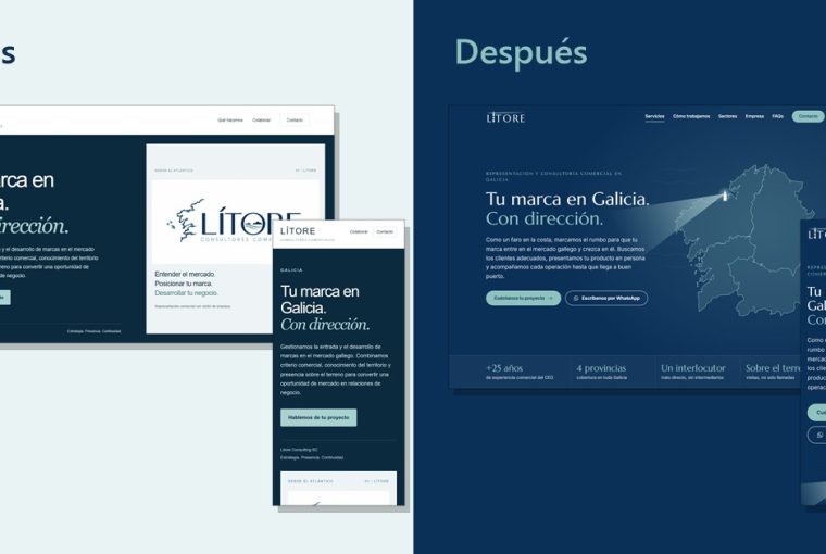 Comparativa de la web de Lítore antes y después de rehacerla con IA, en escritorio y móvil.