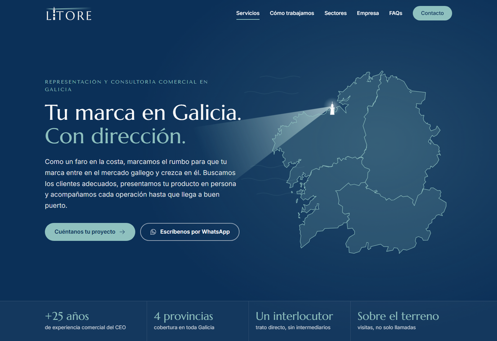 Portada de la nueva web de Lítore en escritorio, con la ilustración del faro y la costa gallega