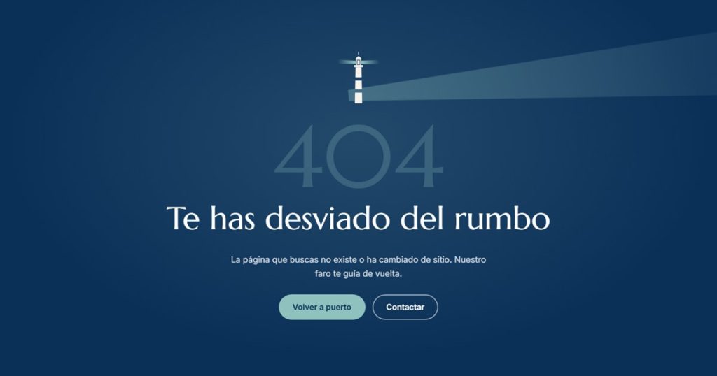 Página de error 404 de la web de Lítore: un faro, el texto «Te has desviado del rumbo» y los botones «Volver a puerto» y «Contactar»
