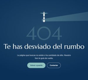 Página de error 404 de la web de Lítore: un faro, el texto «Te has desviado del rumbo» y los botones «Volver a puerto» y «Contactar»