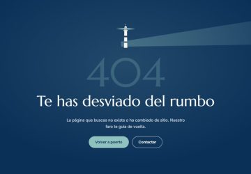 Página de error 404 de la web de Lítore: un faro, el texto «Te has desviado del rumbo» y los botones «Volver a puerto» y «Contactar»
