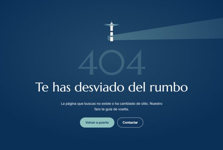Página de error 404 de la web de Lítore: un faro, el texto «Te has desviado del rumbo» y los botones «Volver a puerto» y «Contactar»