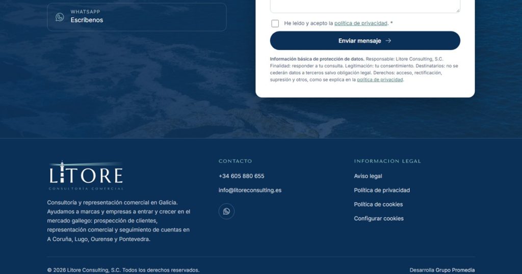 Final de la web de Lítore: el bloque de contacto con una foto del mar de fondo y, debajo, el pie con el logo, los datos de contacto y la información legal