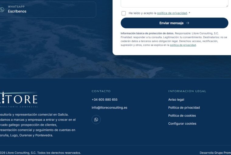 Final de la web de Lítore: el bloque de contacto con una foto del mar de fondo y, debajo, el pie con el logo, los datos de contacto y la información legal